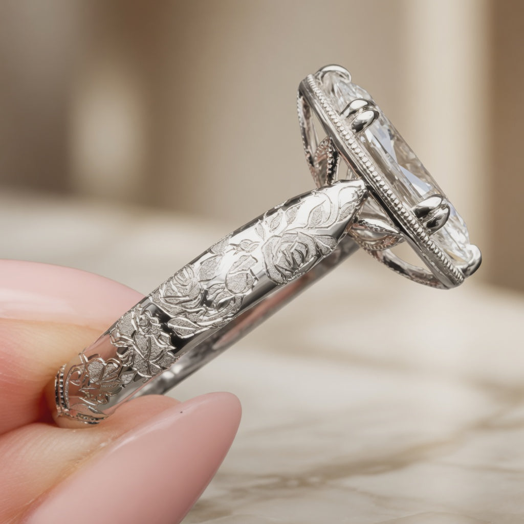 1.00 CT Emerald Cut Lab-Grown Diamond Engagement Ring in 14K White Gold – Vintage Floral Engraved Milgrain Design
