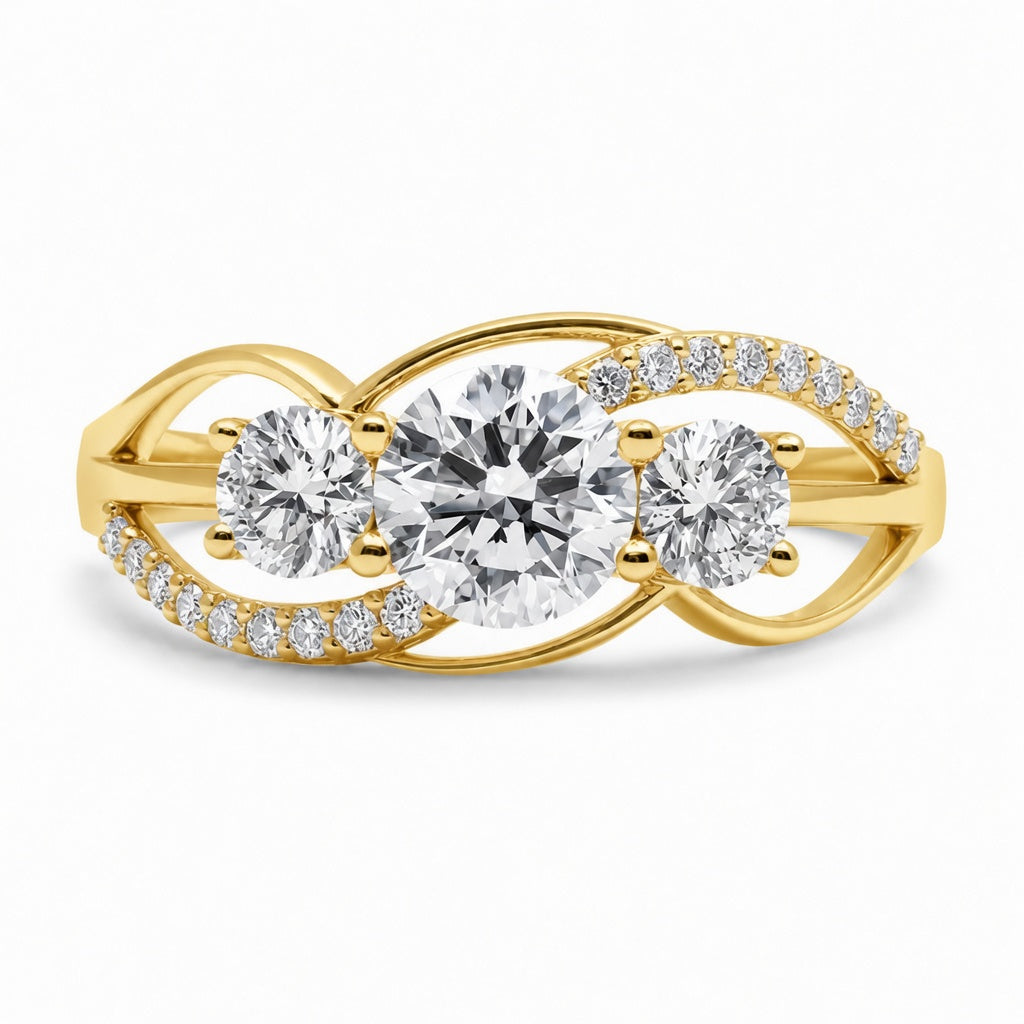 1.70 CT Round Lab-Grown Diamond Three-Stone Engagement Ring in 14K White Gold – Twisted Pavé Design