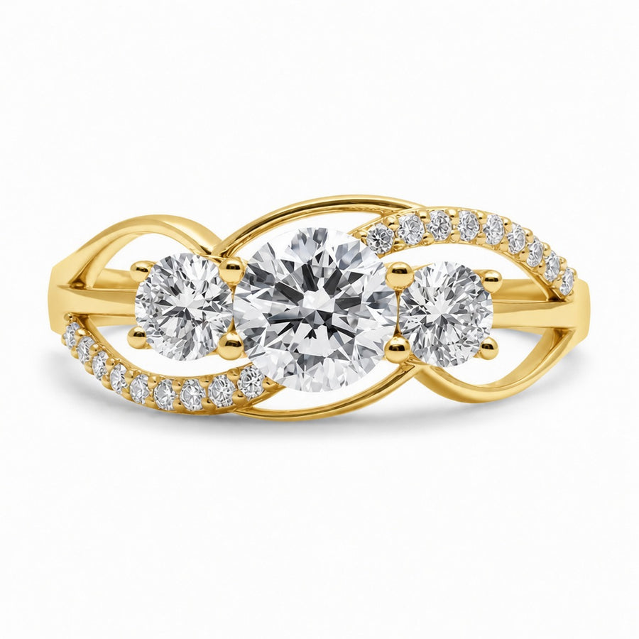 1.70 CT Round Lab-Grown Diamond Three-Stone Engagement Ring in 14K White Gold – Twisted Pavé Design