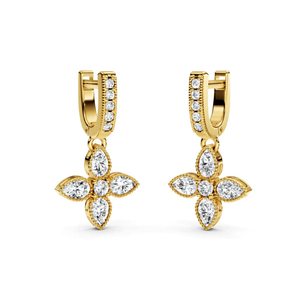 1.02 ct Round Marquise Cut Dangle/Drop Flush Diamond Earrings VS1 D White Gold