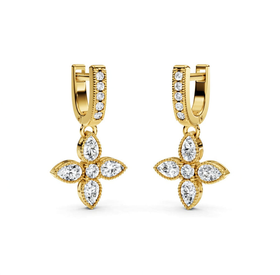 1.02 ct Round Marquise Cut Dangle/Drop Flush Diamond Earrings VS1 D White Gold