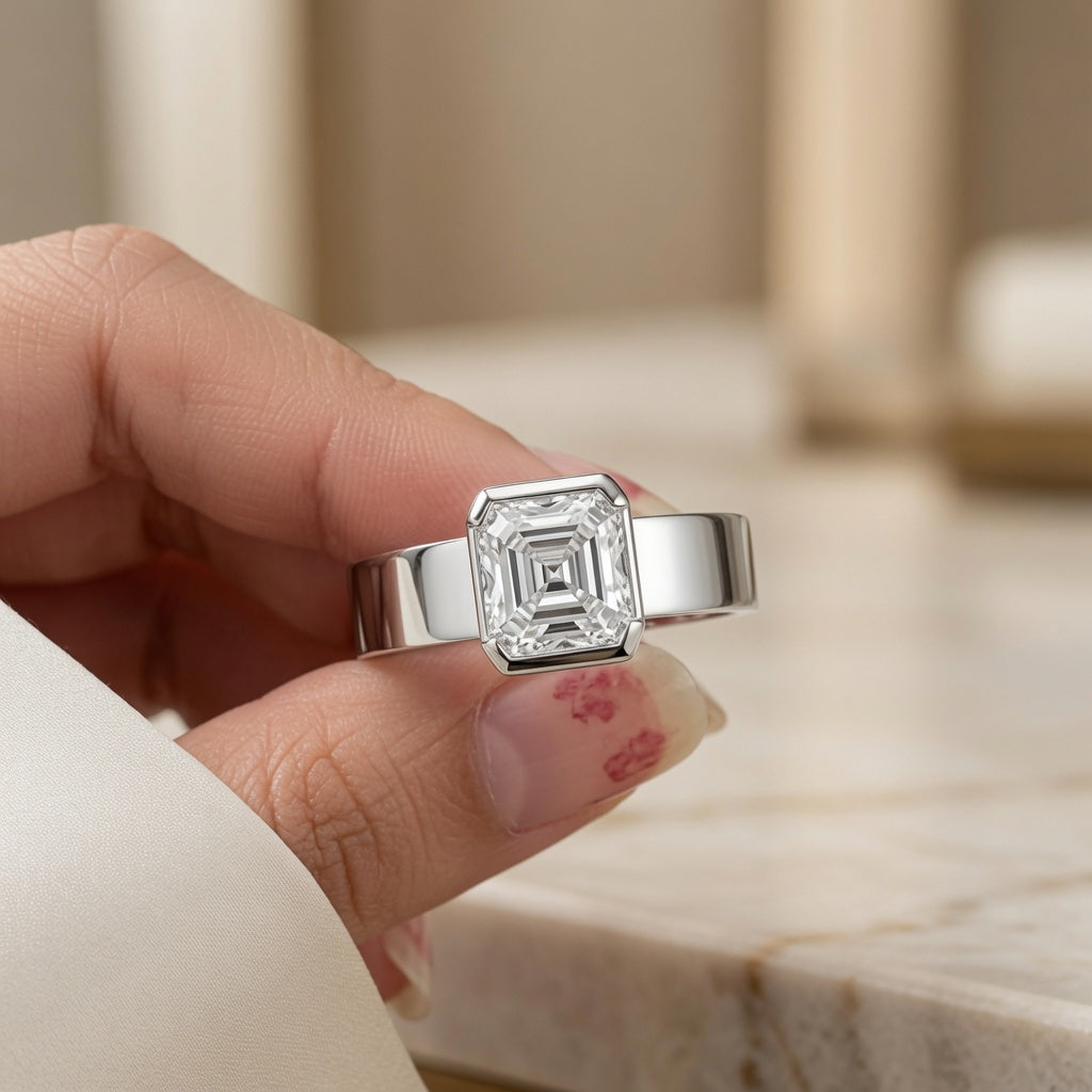 2.00 CT Asscher Cut Lab-Grown Diamond Solitaire Engagement Ring in 14K White Gold – Bezel Set Wide Band Design