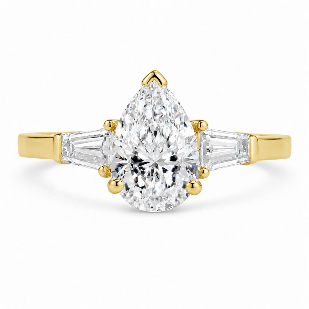 2.00 CT Pear Shaped Lab-Grown Diamond Three-Stone Engagement Ring in 14K White Gold – Tapered Baguette Design