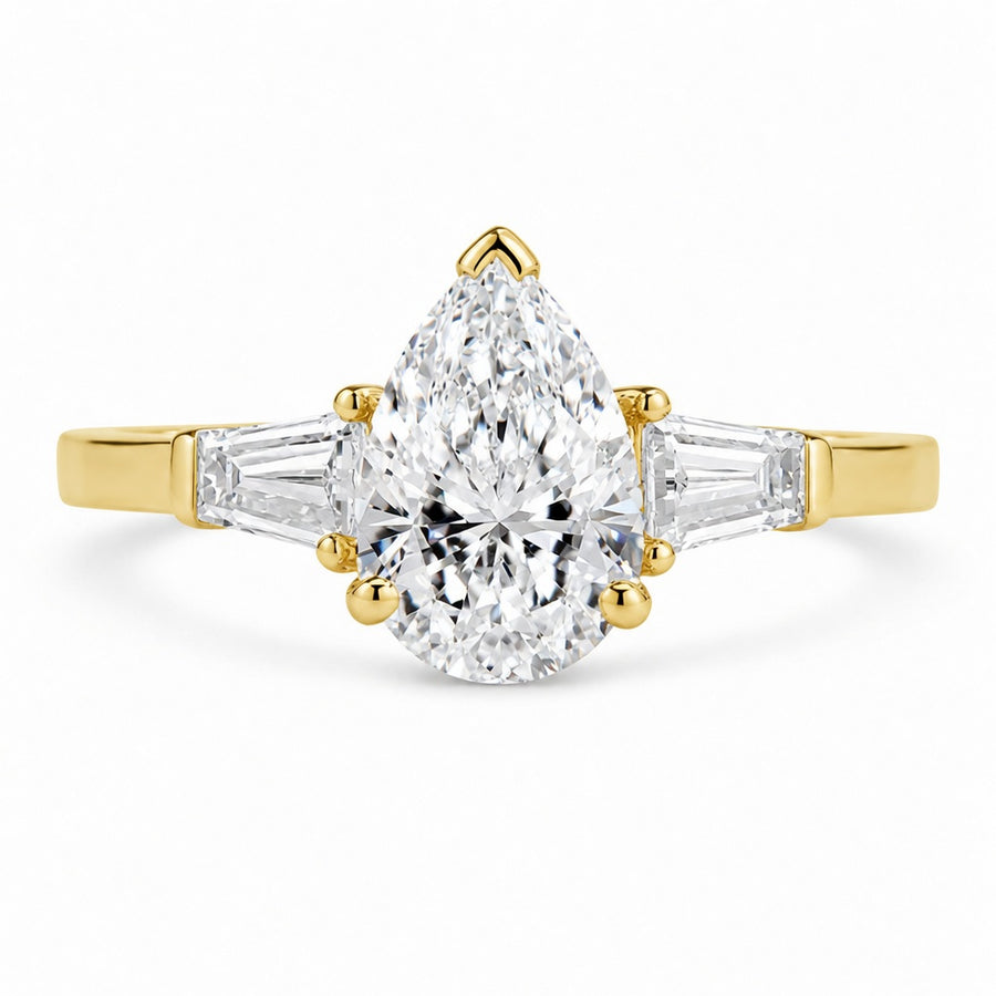 2.00 CT Pear Shaped Lab-Grown Diamond Three-Stone Engagement Ring in 14K White Gold – Tapered Baguette Design