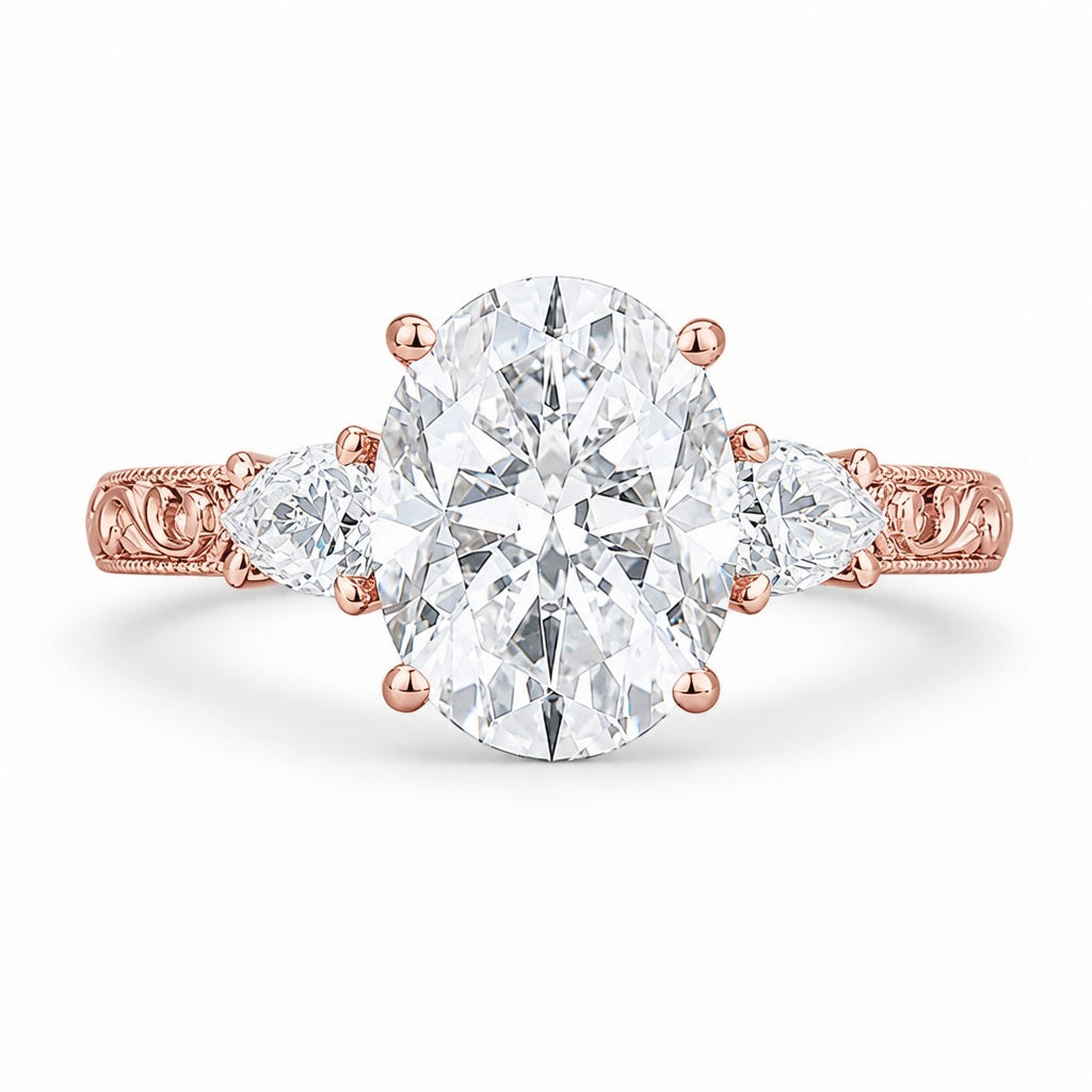 4.00 CT Oval Cut Lab-Grown Diamond Three Stone Engagement Ring in 14K White Gold – Victorian Lotus Engraved Design