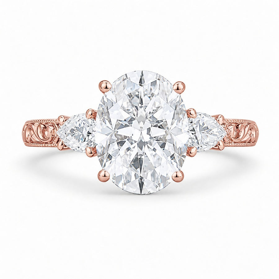 4.00 CT Oval Cut Lab-Grown Diamond Three Stone Engagement Ring in 14K White Gold – Victorian Lotus Engraved Design