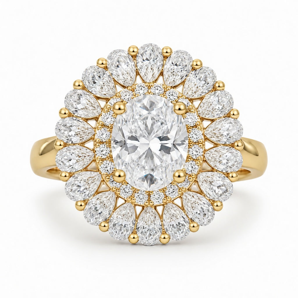 2.00 CT Oval Brilliant Cut Lab-Grown Diamond Double Halo Engagement Ring in 14K White Gold – Hidden Bridge Pear Halo Design