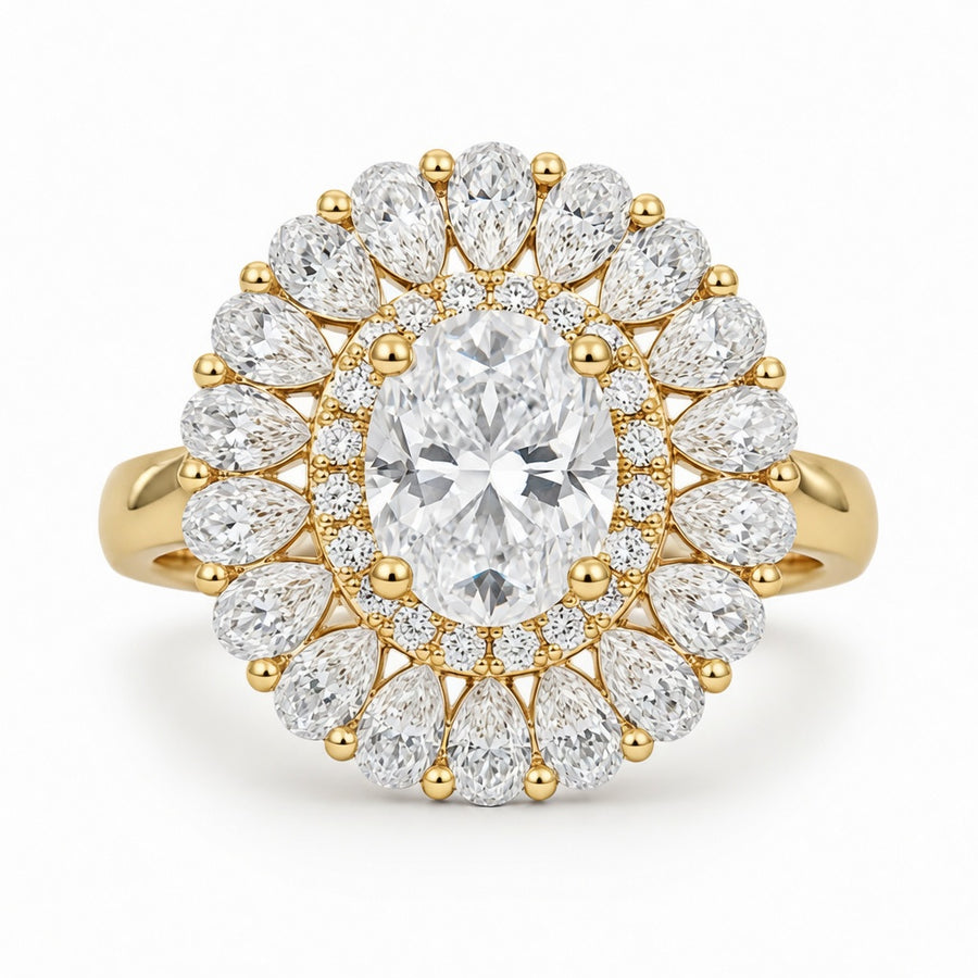 2.00 CT Oval Brilliant Cut Lab-Grown Diamond Double Halo Engagement Ring in 14K White Gold – Hidden Bridge Pear Halo Design