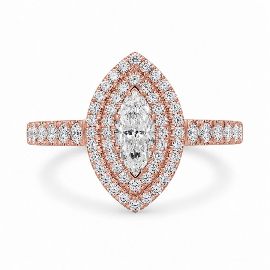1.00 CT Marquise Cut Lab-Grown Diamond Double Halo Engagement Ring in 14K White Gold – Vintage Inspired Design