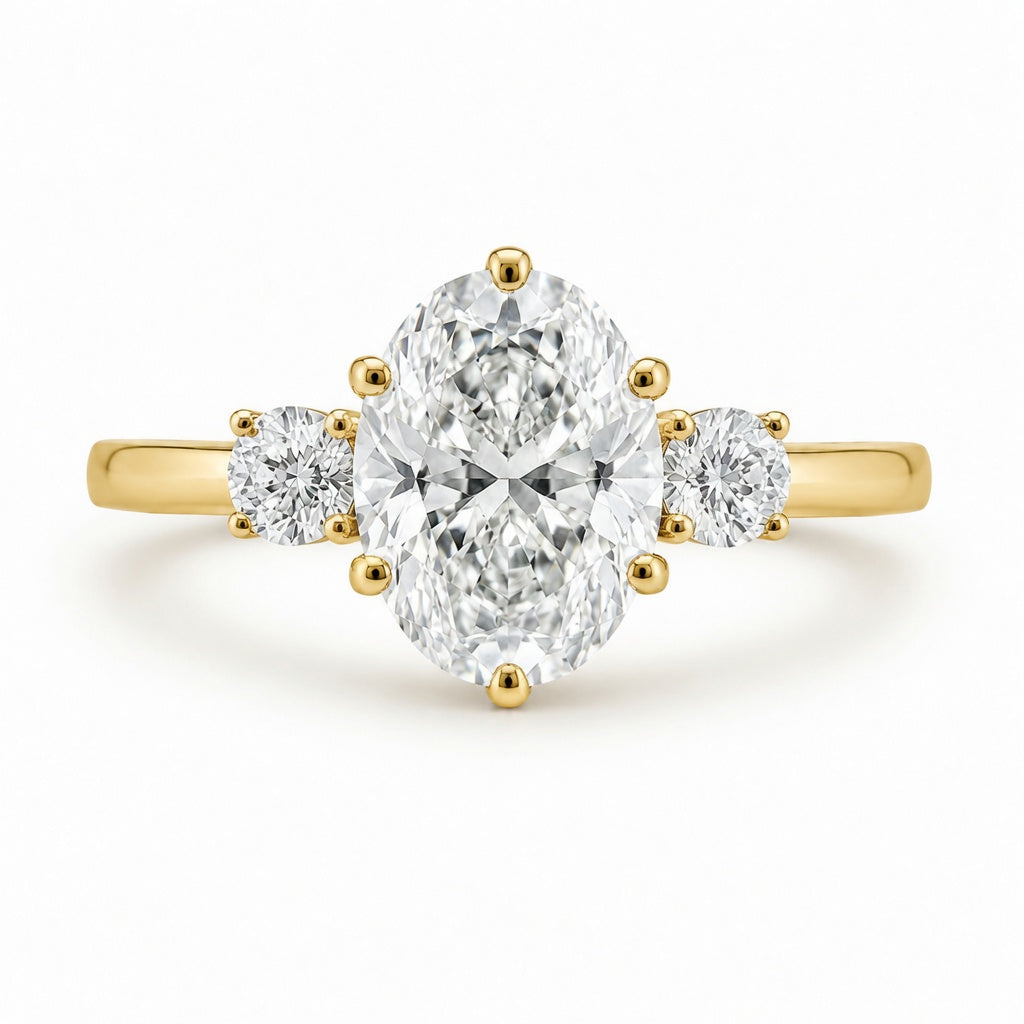 3.00 CT Oval Cut Lab-Grown Diamond Three-Stone Engagement Ring in 14K White Gold – Round Side Diamond Custom Design