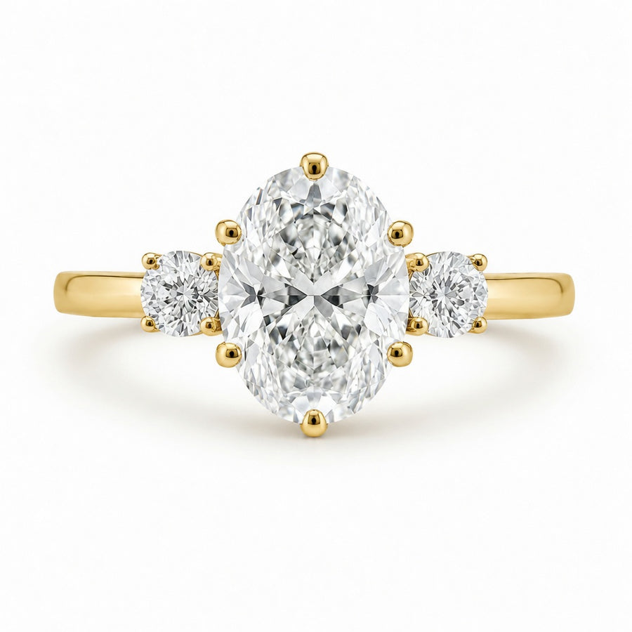 3.00 CT Oval Cut Lab-Grown Diamond Three-Stone Engagement Ring in 14K White Gold – Round Side Diamond Custom Design
