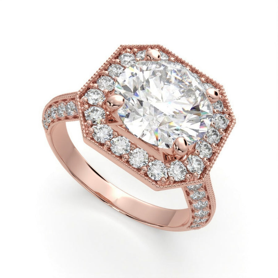 Beatrice 1.45 Carat Round Cut Halo Pave Knife Edge Milgrain Engagement Ring