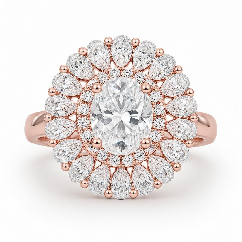 2.00 CT Oval Brilliant Cut Lab-Grown Diamond Double Halo Engagement Ring in 14K White Gold – Hidden Bridge Pear Halo Design