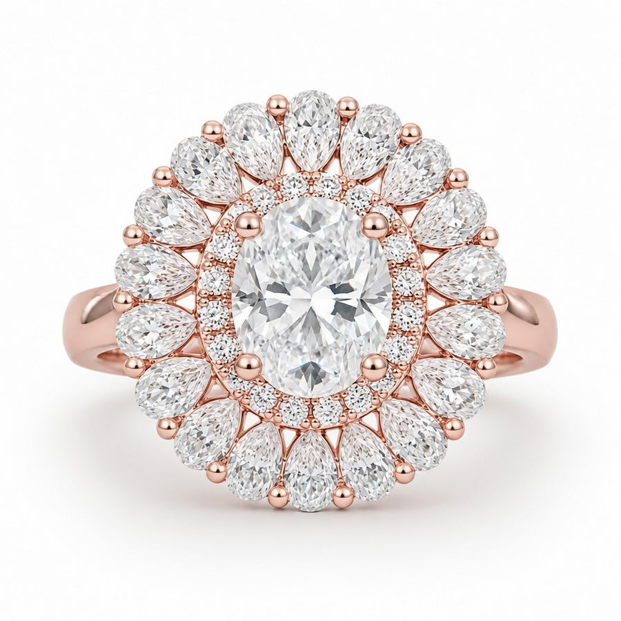 2.00 CT Oval Brilliant Cut Lab-Grown Diamond Double Halo Engagement Ring in 14K White Gold – Hidden Bridge Pear Halo Design