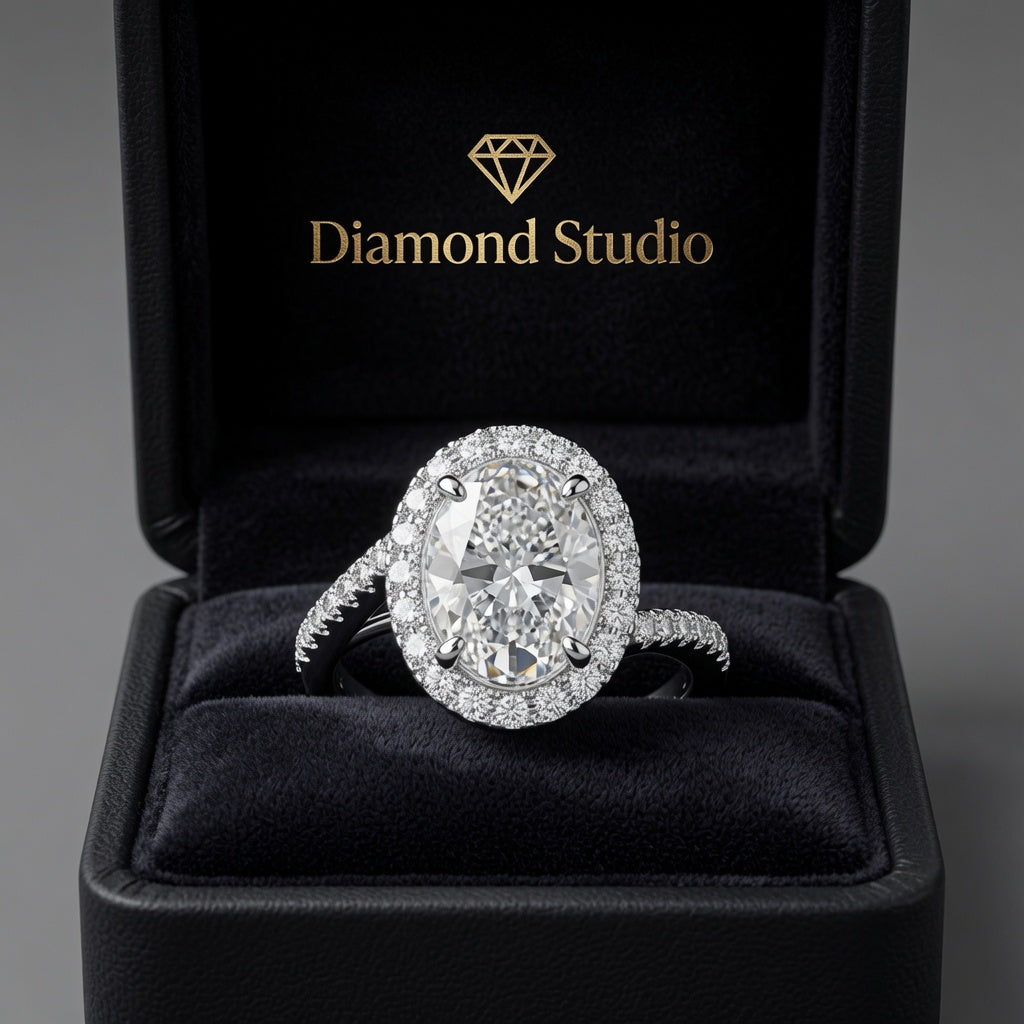 VS1 D Lab Grown Diamond Halo Pave Oval Ring