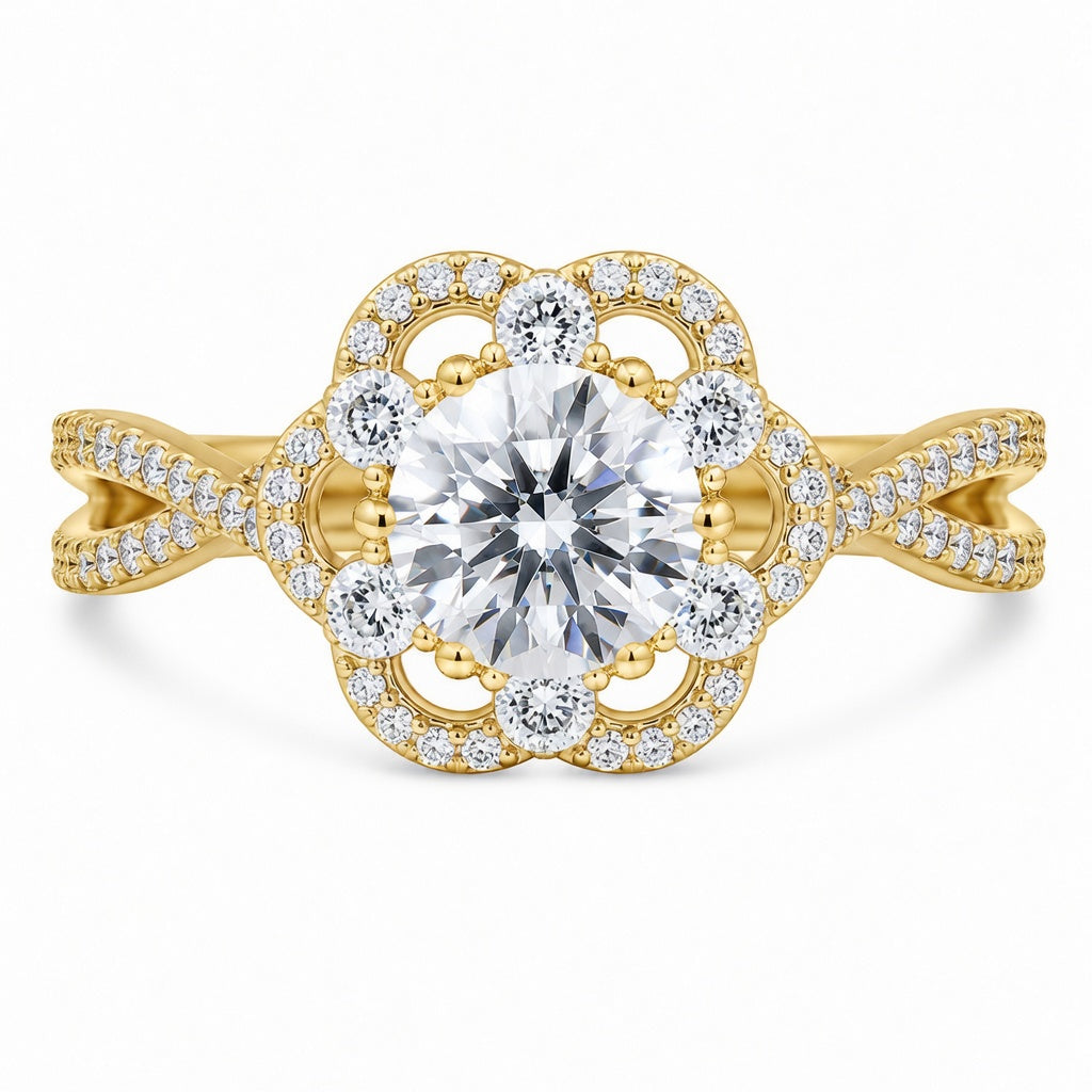 1.00 CT Round Cut Lab-Grown Diamond Double Halo Engagement Ring in 14K White Gold – Split Shank Anniversary Design