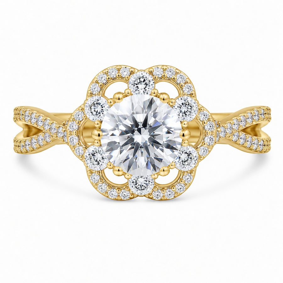 1.00 CT Round Cut Lab-Grown Diamond Double Halo Engagement Ring in 14K White Gold – Split Shank Anniversary Design