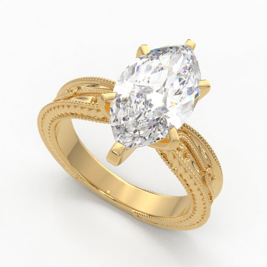Sabrina 3 Carat Marquise Cut Solitaire Hand Engraved Milgrain Engagement Ring