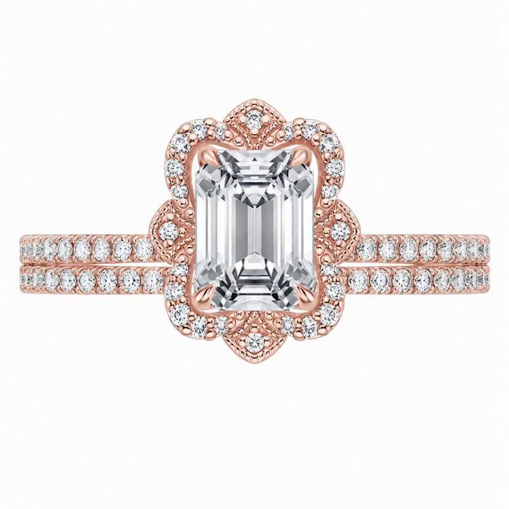 12.90 CT Reina Emerald Cut Lab-Grown Diamond 2PCS Halo Bridal Set in 14K White Gold – Luxe Ballad Matching Wedding Ring Design