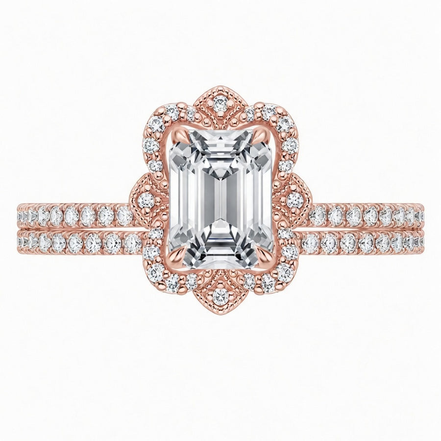 12.90 CT Reina Emerald Cut Lab-Grown Diamond 2PCS Halo Bridal Set in 14K White Gold – Luxe Ballad Matching Wedding Ring Design
