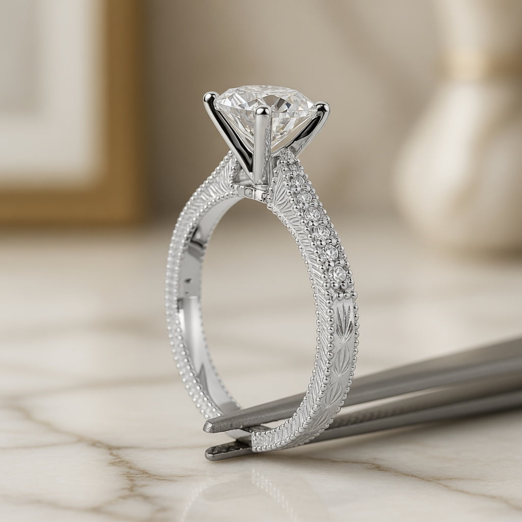 1.50 CT Vintage Lab-Grown Diamond Engagement Ring in 14K White Gold – Hand-Engraved Antique Design