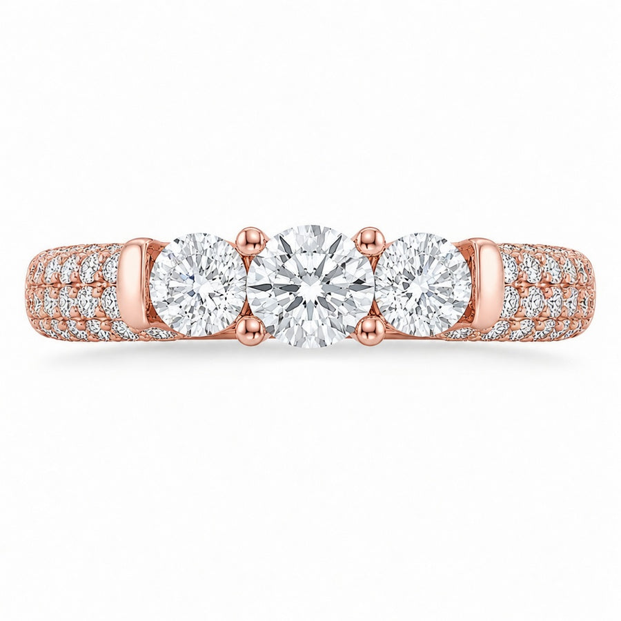 2.00 CT Lab-Grown Diamond Three-Stone Engagement Ring in 14K White Gold – Pavé Set Anniversary Design