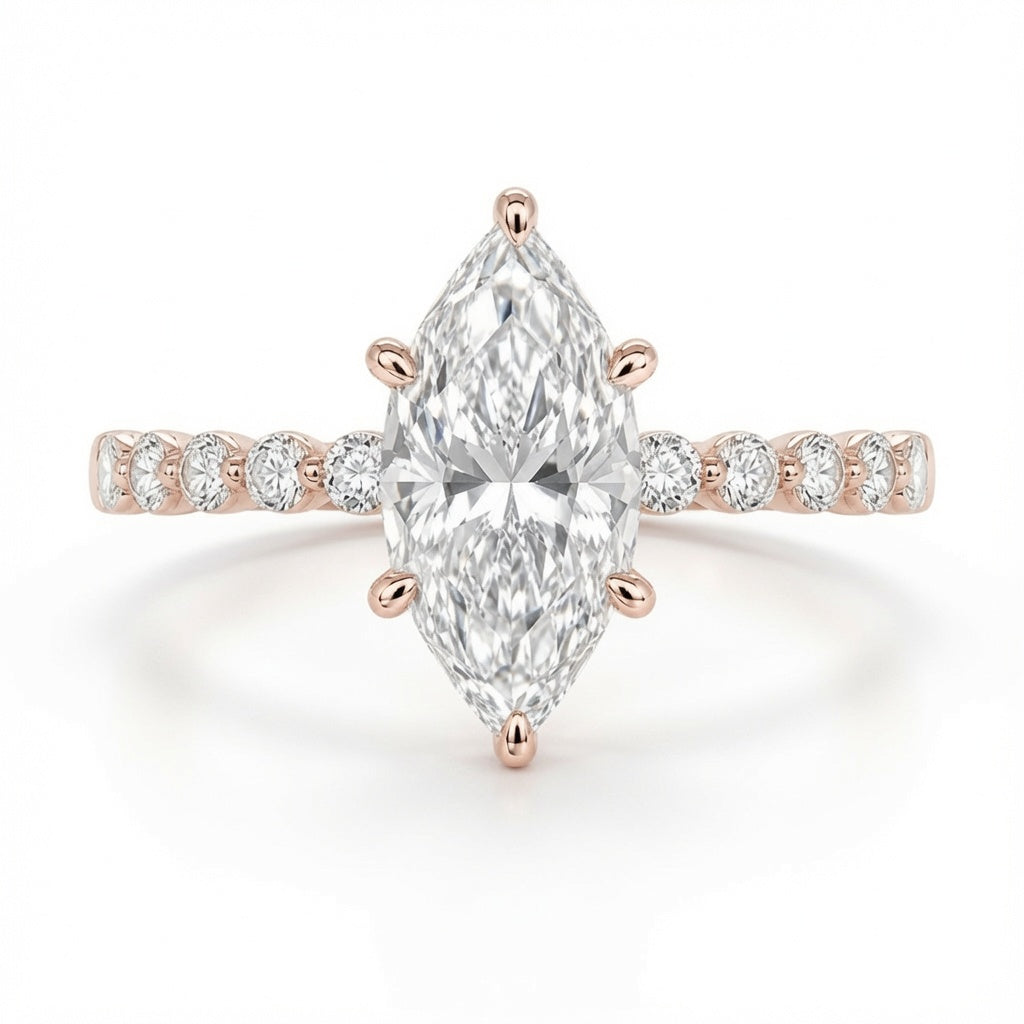 4.00 CT Dutch Marquise Lab-Grown Diamond Hidden Halo Engagement Ring in 14K White Gold – Round Side Stone Prong Set Design