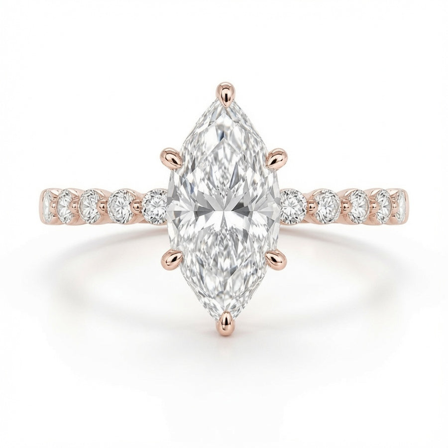 4.00 CT Dutch Marquise Lab-Grown Diamond Hidden Halo Engagement Ring in 14K White Gold – Round Side Stone Prong Set Design