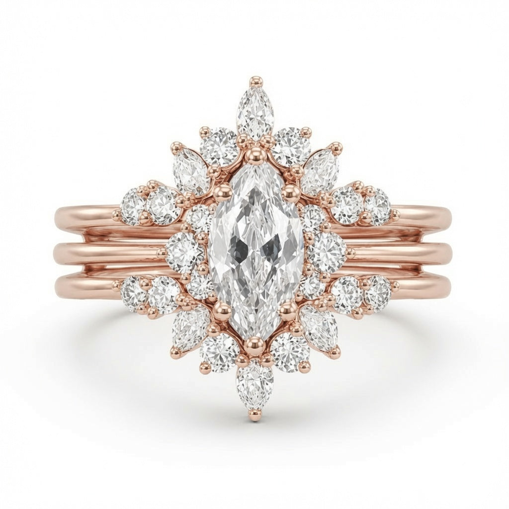 2.00 CT Marquise Lab-Grown Diamond Halo 2PCS Bridal Set in 14K White Gold – Vintage Enhancer Wedding Wrap Design