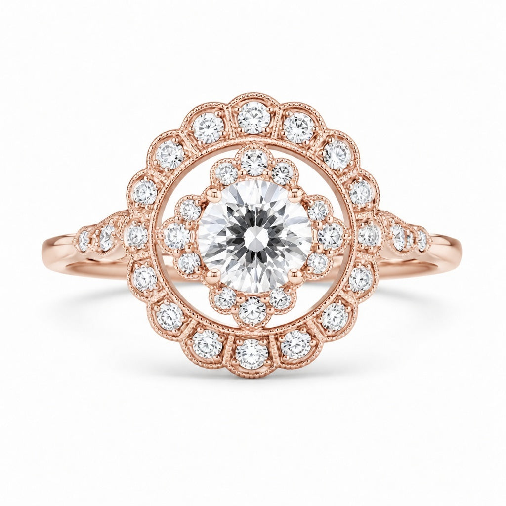2.00 CT Round Lab-Grown Diamond Double Halo Engagement Ring in 14K White Gold – Floral Bridal Design