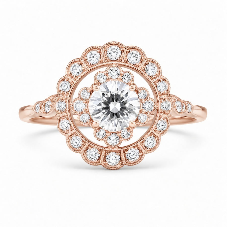 2.00 CT Round Lab-Grown Diamond Double Halo Engagement Ring in 14K White Gold – Floral Bridal Design