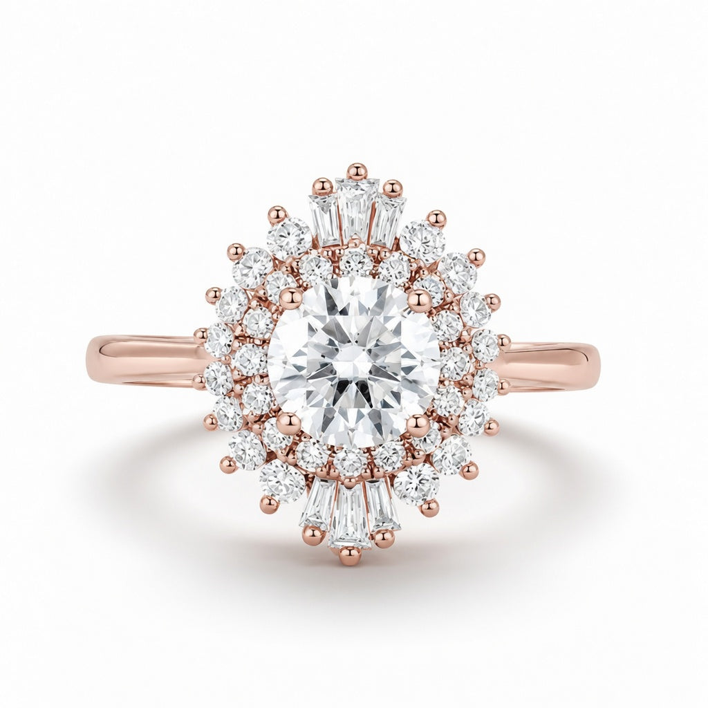 1.50 CT Vintage Round Lab-Grown Diamond Double Halo Engagement Ring in 14K White Gold – Art Deco Baguette Design