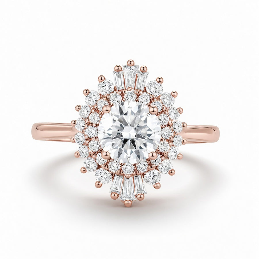 1.50 CT Vintage Round Lab-Grown Diamond Double Halo Engagement Ring in 14K White Gold – Art Deco Baguette Design