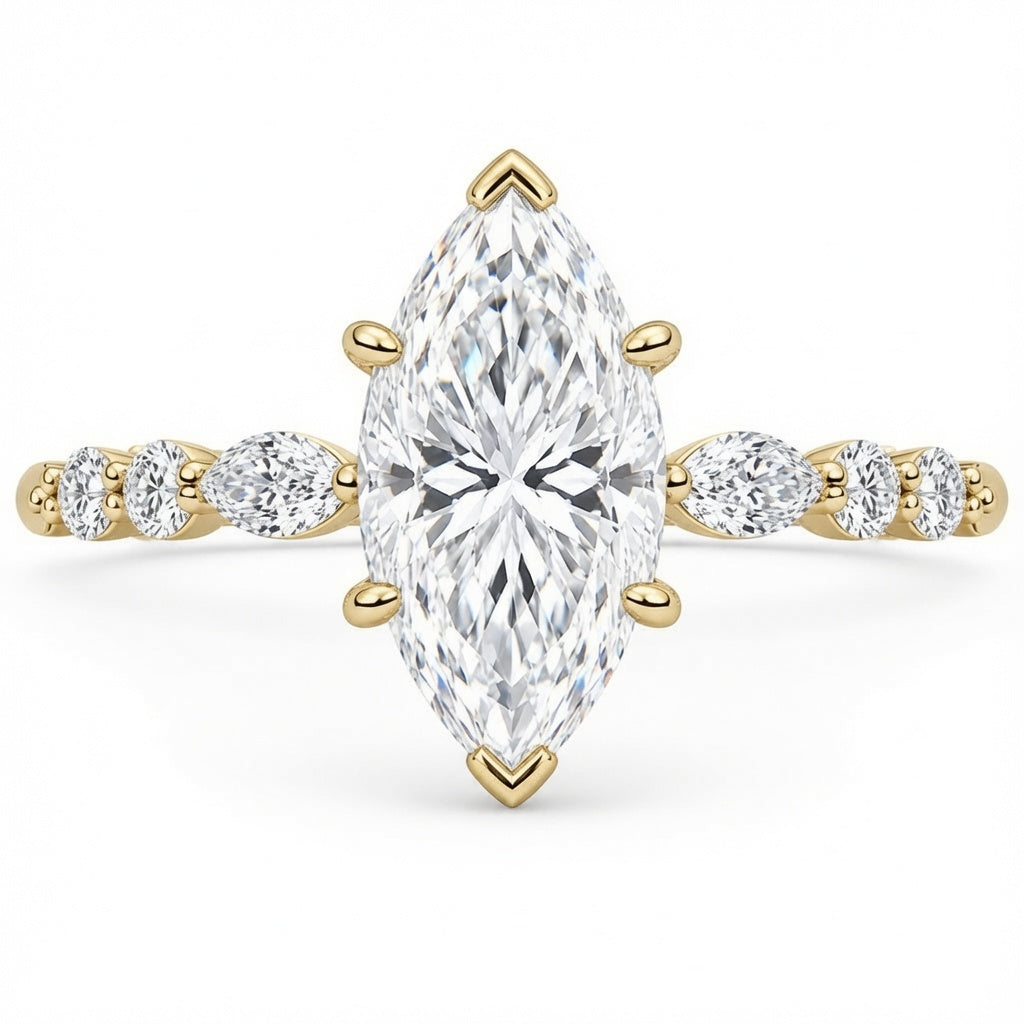 2.00 CT Marquise Lab-Grown Diamond Hidden Halo Engagement Ring in 14K White Gold – Round Accent Promise Ring Design