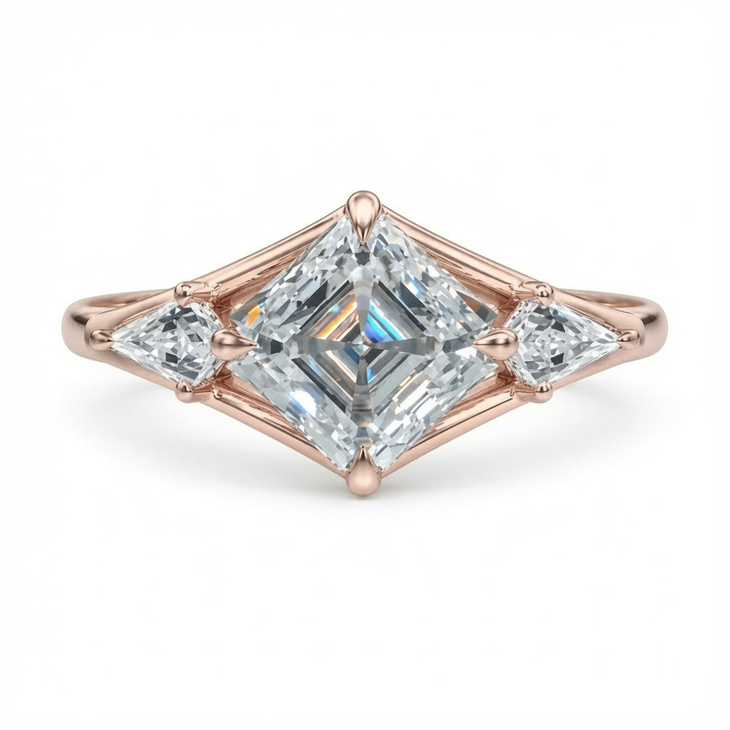 3.00 CT Asscher Cut Lab-Grown Diamond Three Stone Engagement Ring in 14K White Gold – Split Shank Kite Side Stone Design