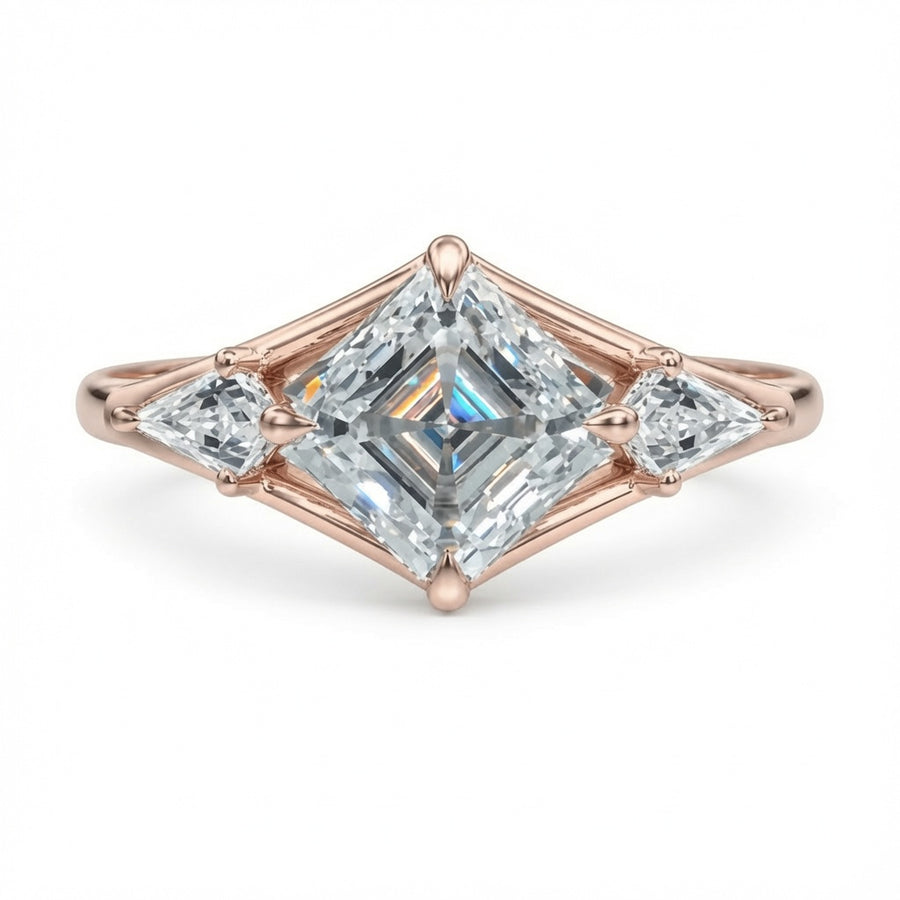 3.00 CT Asscher Cut Lab-Grown Diamond Three Stone Engagement Ring in 14K White Gold – Split Shank Kite Side Stone Design