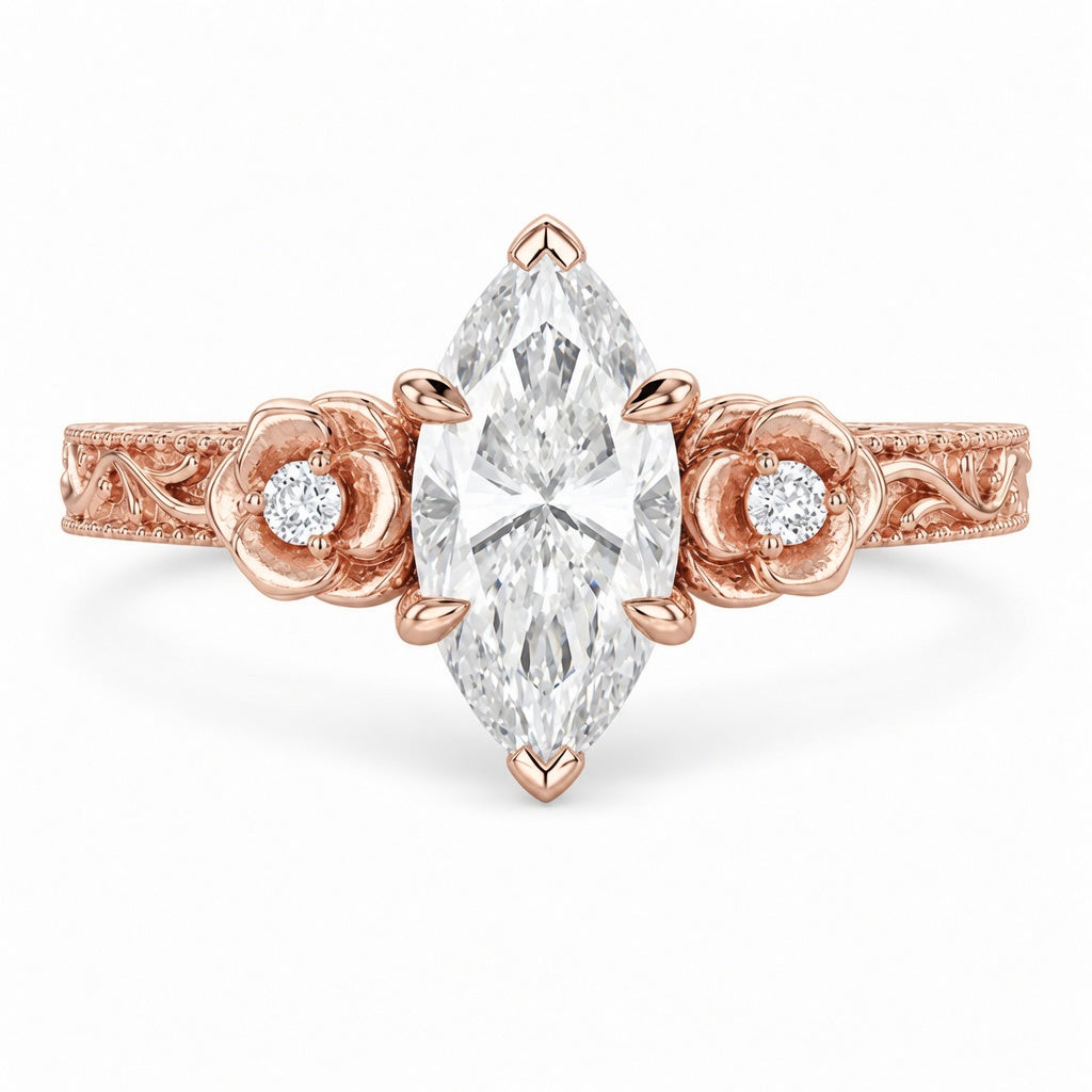 3.00 CT Vintage Marquise Cut Lab-Grown Diamond Engagement Ring in 14K White Gold – Milgrain Filigree Floral Vine Design
