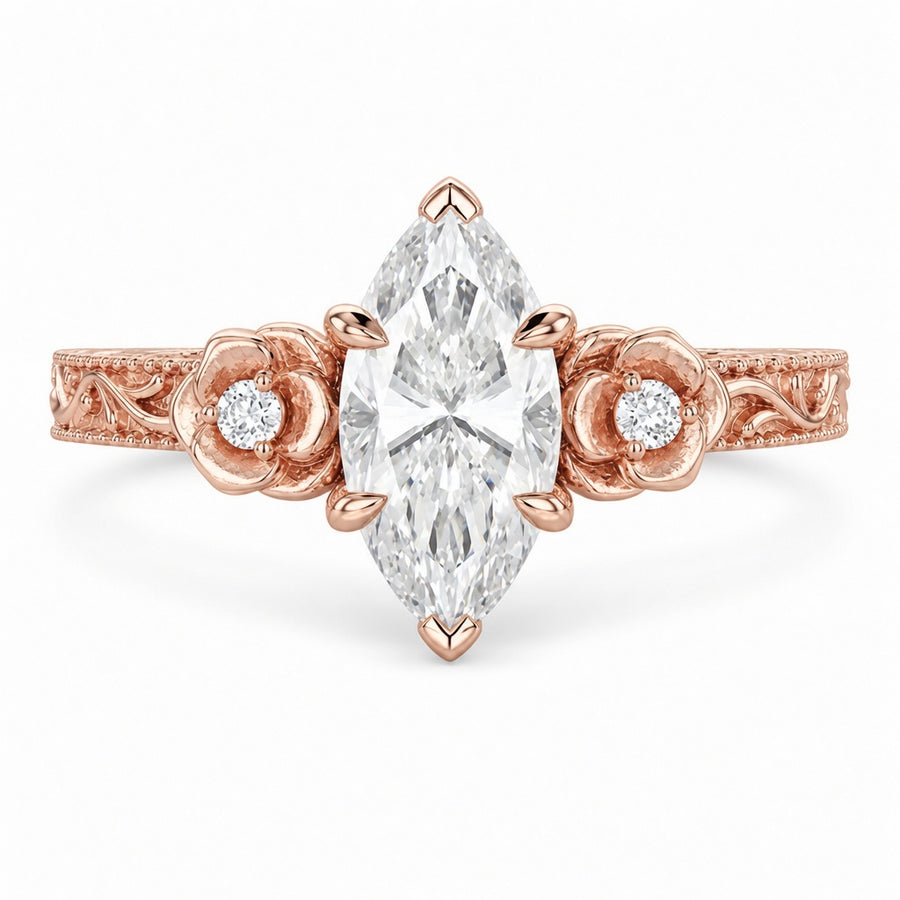 3.00 CT Vintage Marquise Cut Lab-Grown Diamond Engagement Ring in 14K White Gold – Milgrain Filigree Floral Vine Design