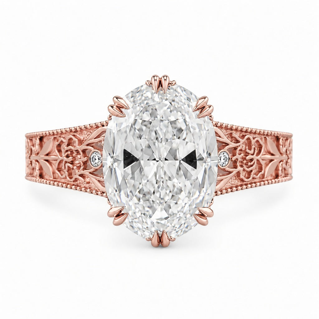 5.00 CT Oval Ashoka Style Lab-Grown Diamond Engagement Ring in 14K White Gold – Vintage Hand-Carved Edwardian Design