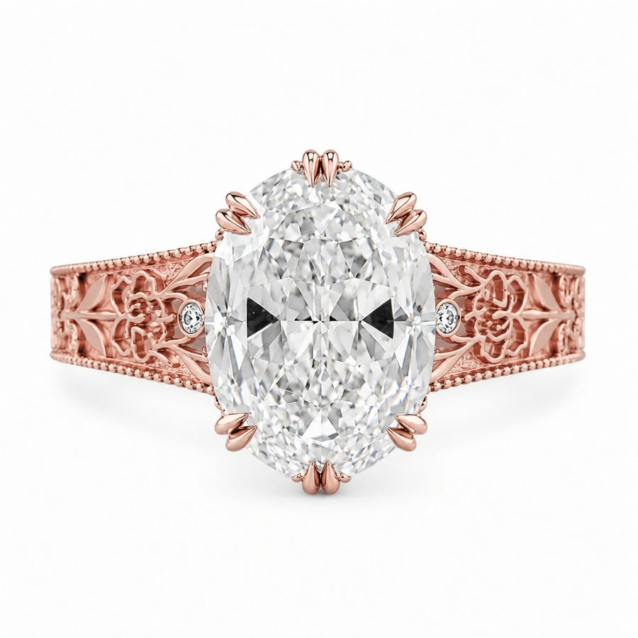 5.00 CT Oval Ashoka Style Lab-Grown Diamond Engagement Ring in 14K White Gold – Vintage Hand-Carved Edwardian Design