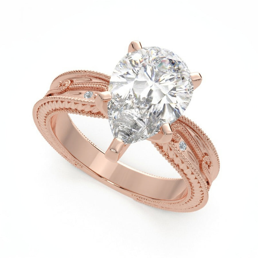 Sabrina 4 Carat Pear Cut Solitaire Hand Engraved Milgrain Engagement Ring