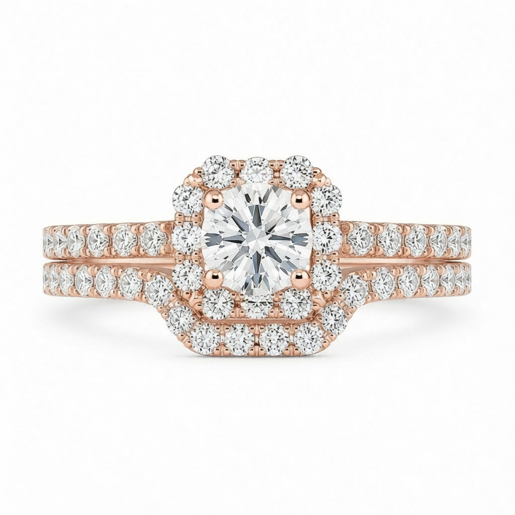 1.25 CT Round Lab-Grown Diamond 2PCS Halo Bridal Set in 14K White Gold – Square Halo Wedding Ring Design