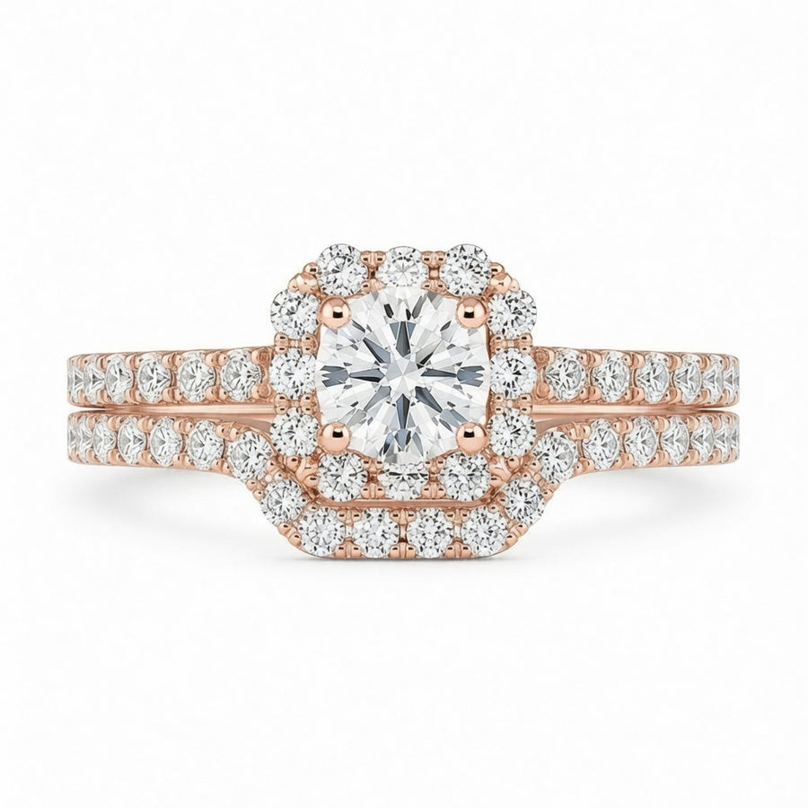 1.25 CT Round Lab-Grown Diamond 2PCS Halo Bridal Set in 14K White Gold – Square Halo Wedding Ring Design