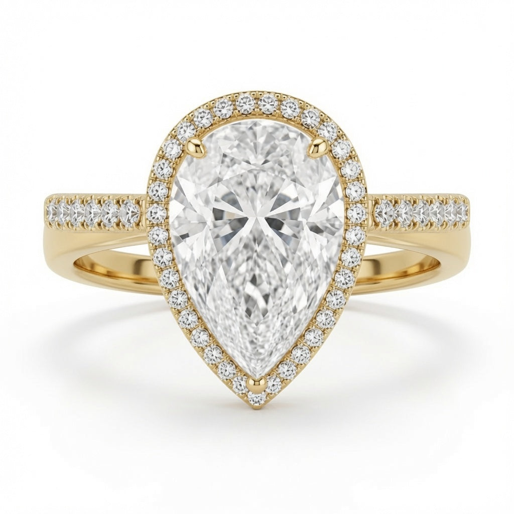 4.00 CT Pear Cut Lab-Grown Diamond Double Hidden Halo Engagement Ring in 14K White Gold – Teardrop Halo Design