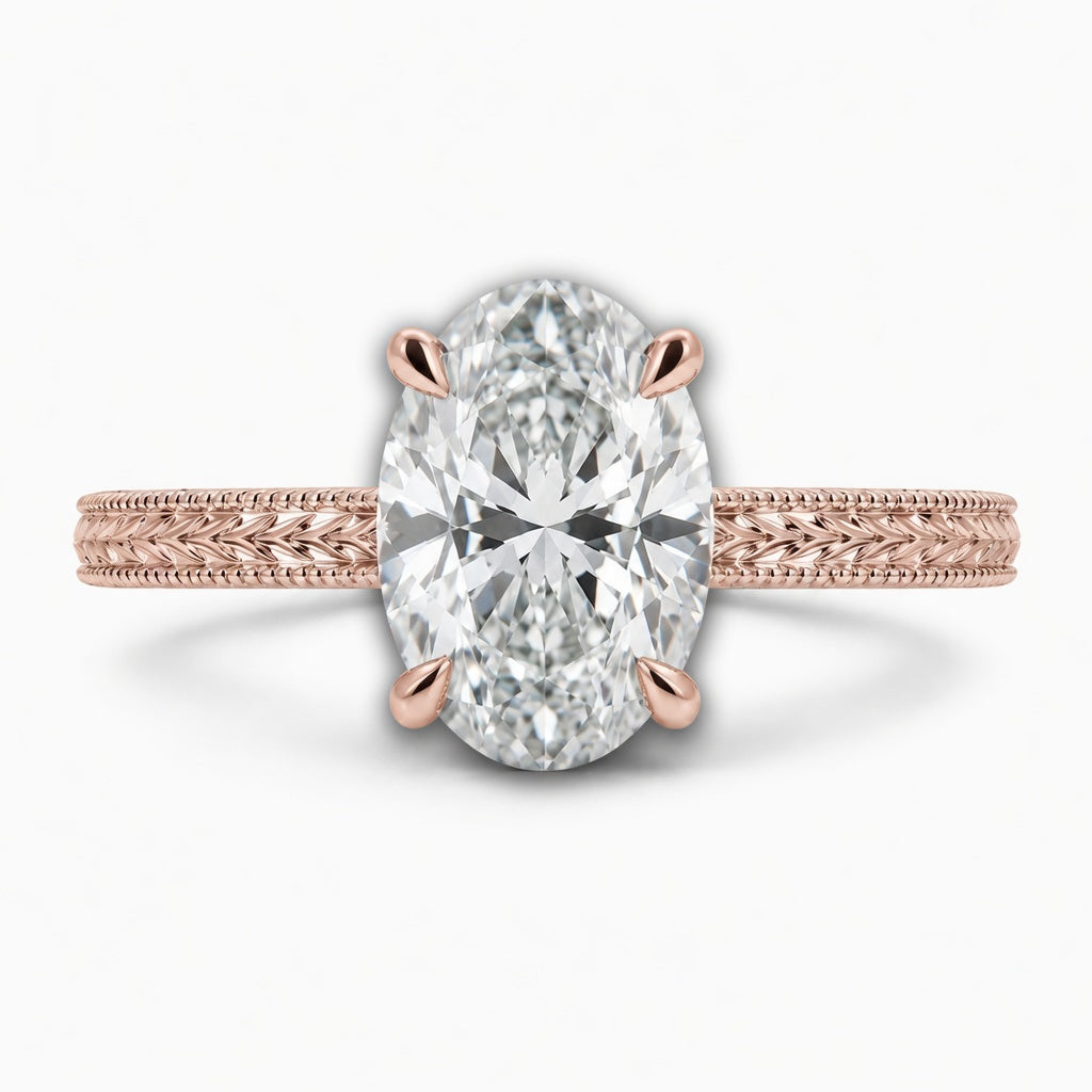 3.00 CT Oval Lab-Grown Diamond Engagement Ring in 14K White Gold – Engraved Art Deco Filigree Hidden Halo Design