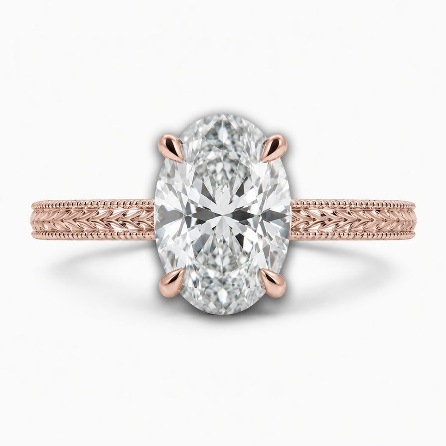 3.00 CT Oval Lab-Grown Diamond Engagement Ring in 14K White Gold – Engraved Art Deco Filigree Hidden Halo Design