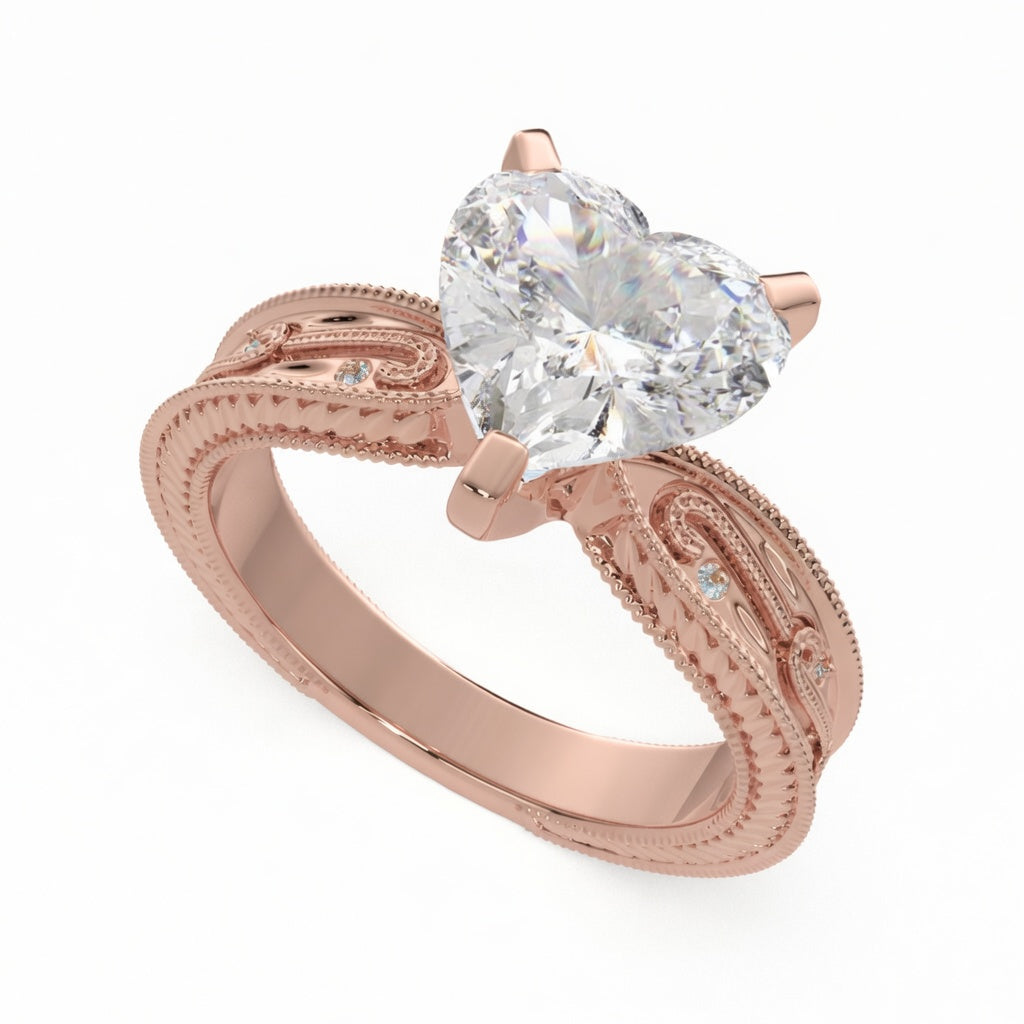 Sabrina 3 Carat Heart Cut Solitaire Hand Engraved Milgrain Engagement Ring