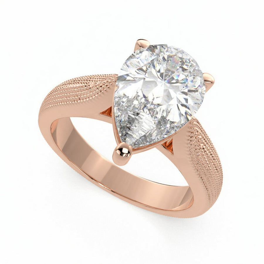 Valentina 3 Carat Pear Cut Solitaire Tapered Milgrain Engagement Ring