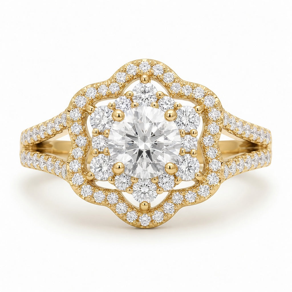 1.00 CT Round Cut Lab-Grown Diamond Double Halo Engagement Ring in 14K White Gold – Vintage Floral Split Shank Design