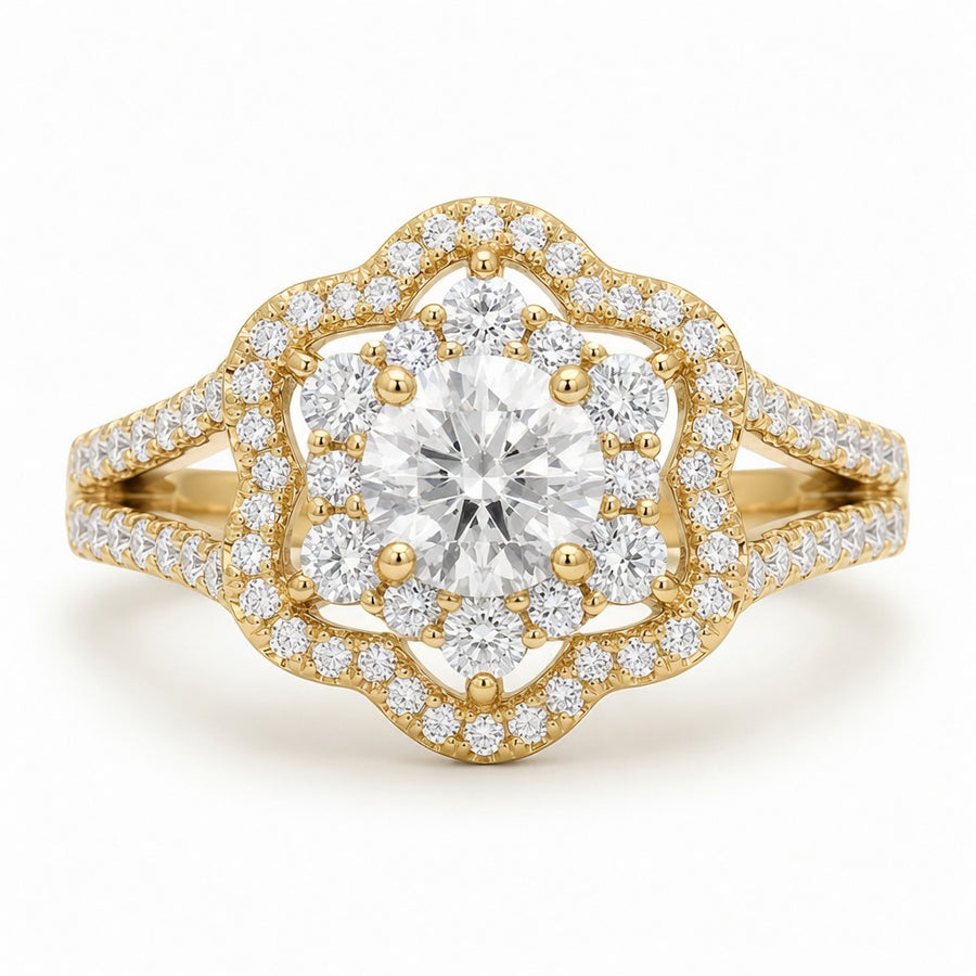 1.00 CT Round Cut Lab-Grown Diamond Double Halo Engagement Ring in 14K White Gold – Vintage Floral Split Shank Design
